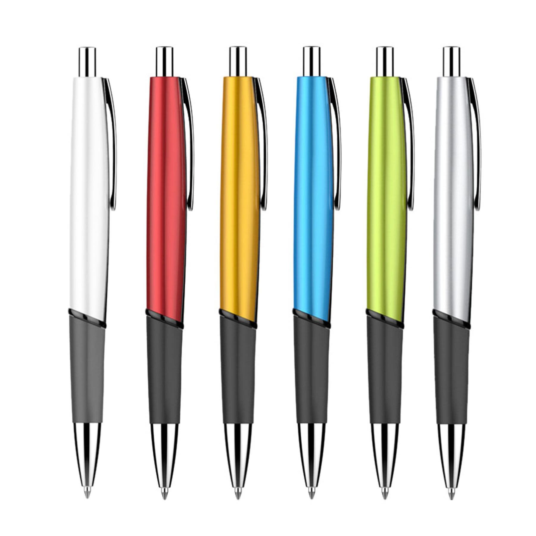 A collection of six plastic pens in white, red, yellow, blue, green, and gray, featuring a logo on each.