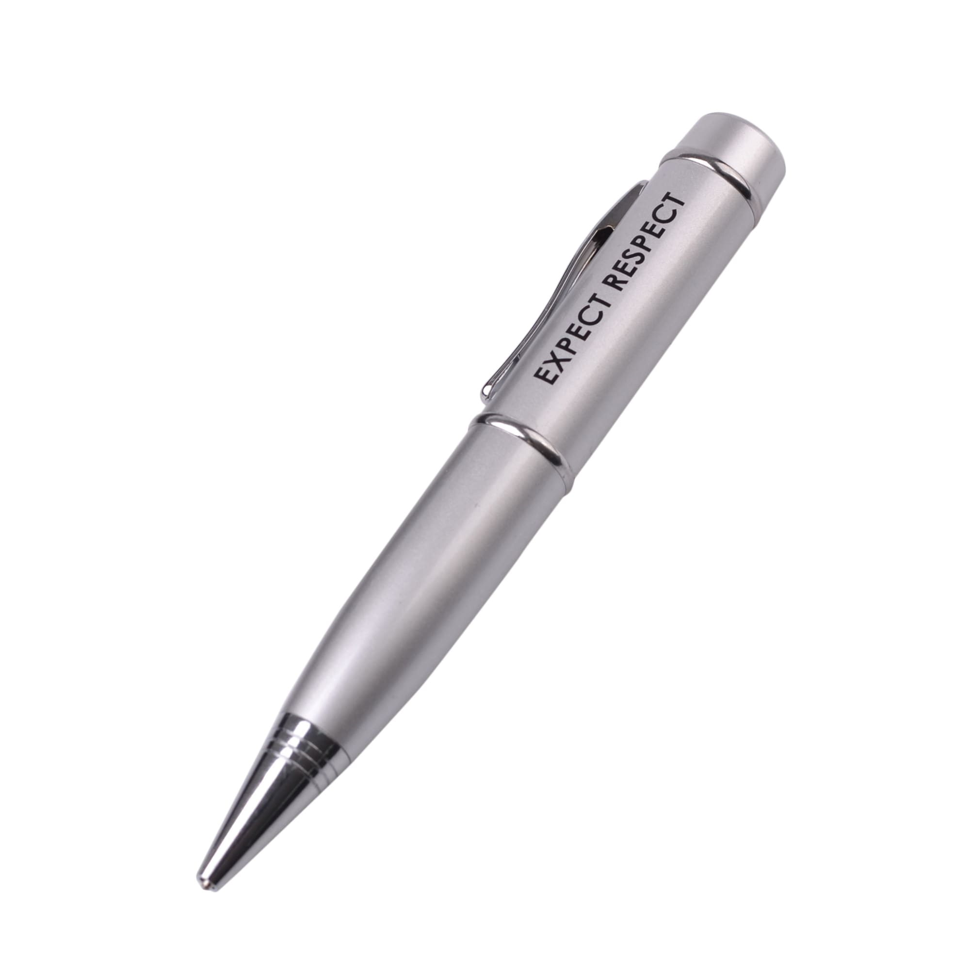 A silver pen with a shiny finish and a clip, featuring the words "EXPECT RESPECT" engraved on the side.