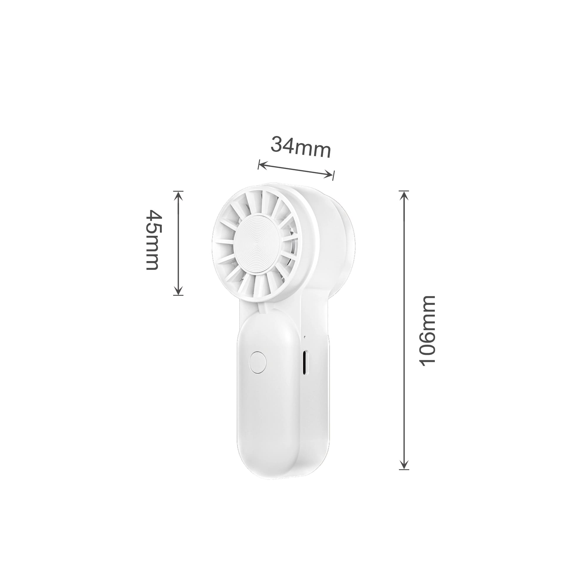 A white mini portable handheld fan with a circular vent and a button, measuring 106mm by 45mm.