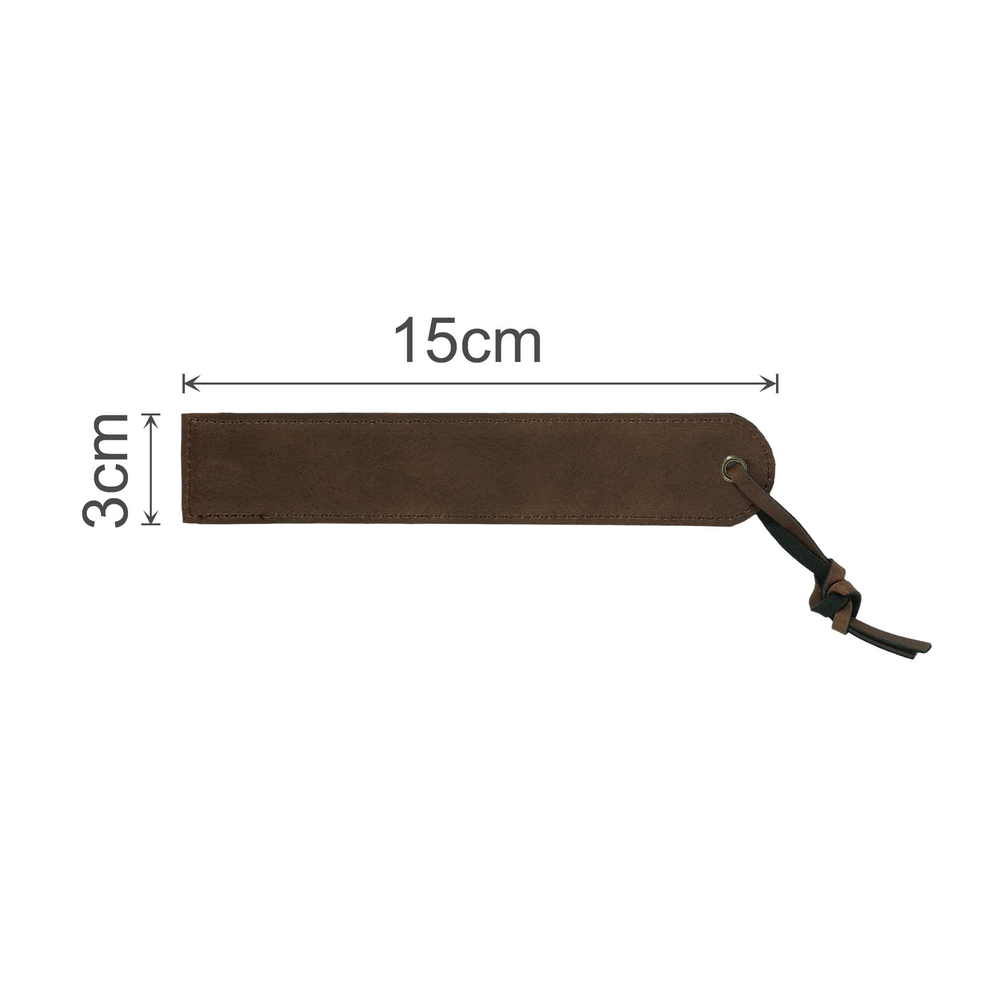 A vintage style brown bookmark with a leather texture, featuring a looped strap at one end.