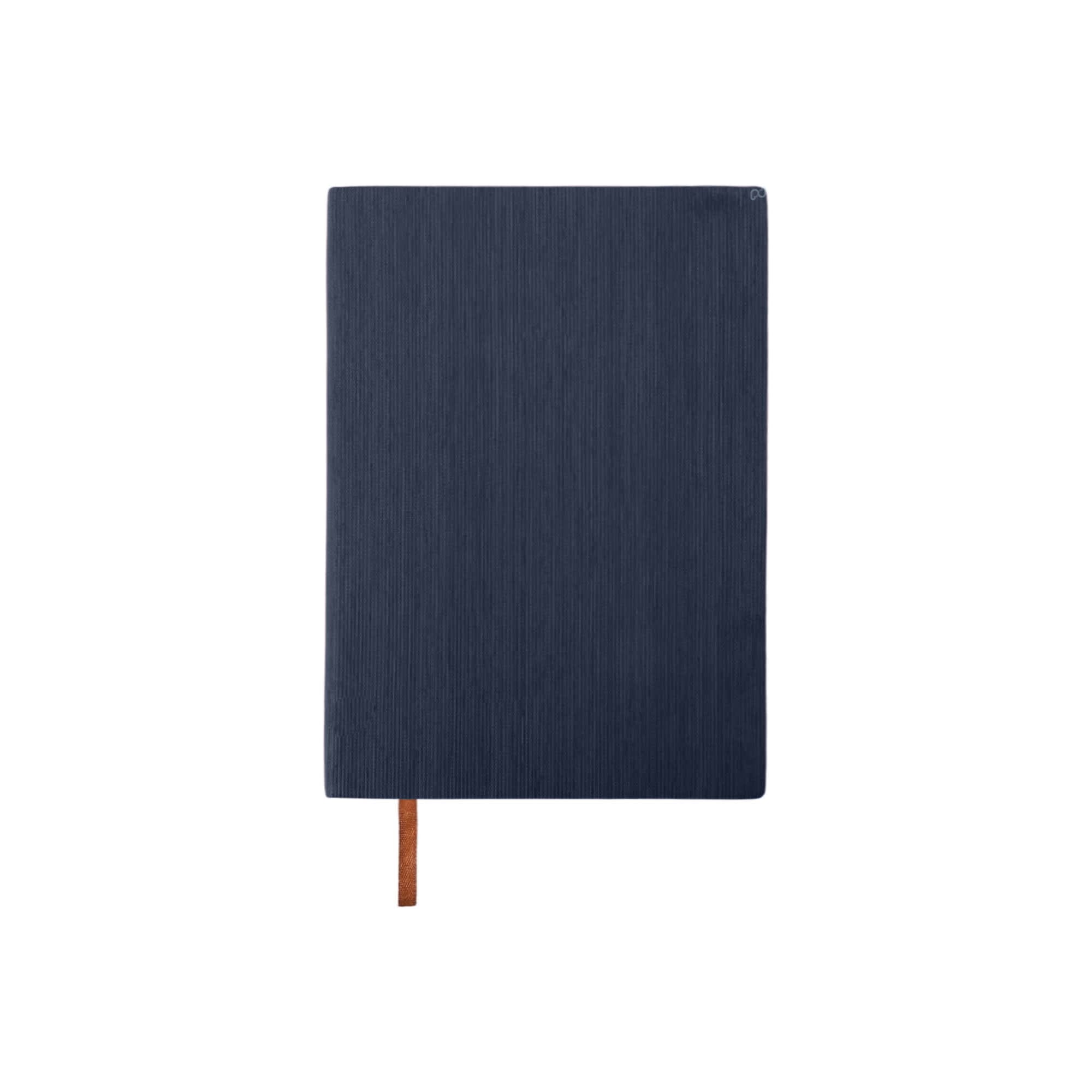 A navy blue PU leather notebook with a textured surface and a contrasting brown ribbon bookmark.