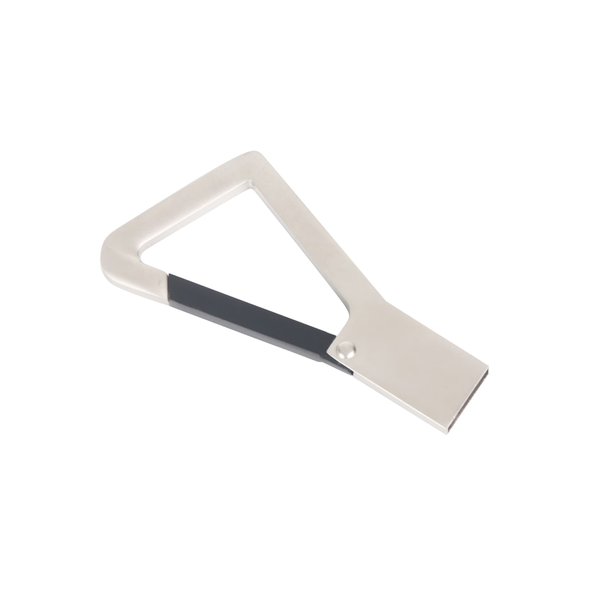 A silver triangle carabiner USB flash drive with a black grip. It features a sleek, modern design and a logo.
