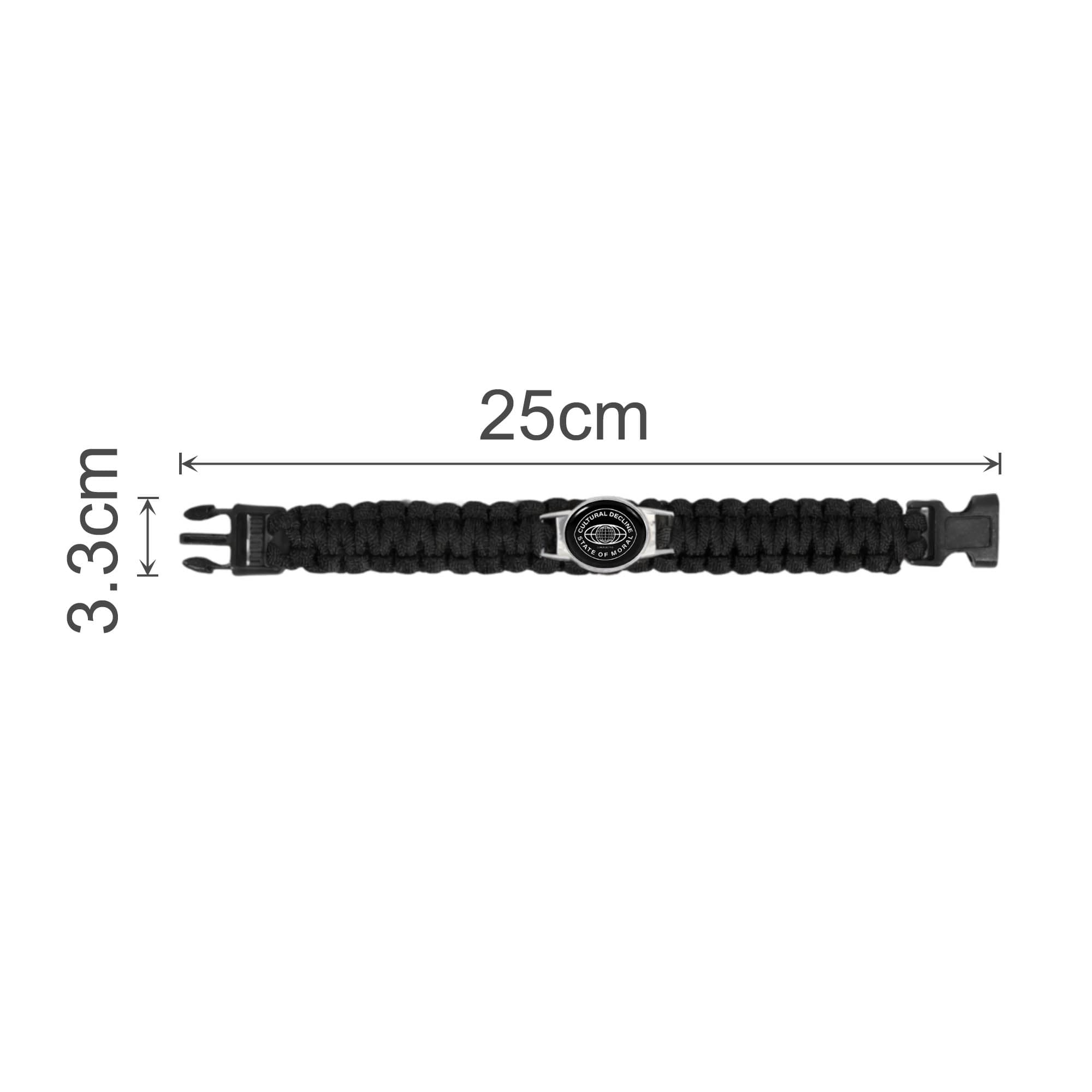 A black braided paracord bracelet featuring a themed pendant, measuring 25cm in length and 3.3cm in width.
