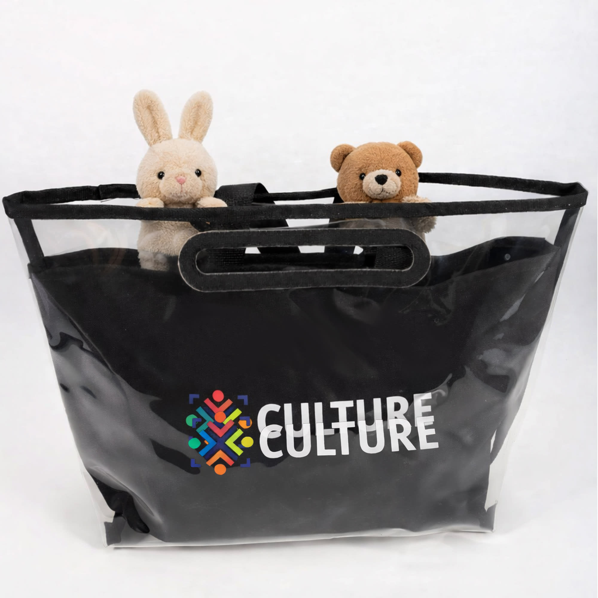 A black tote bag with a detachable PVC cover, featuring two plush toys peeking out from the top.