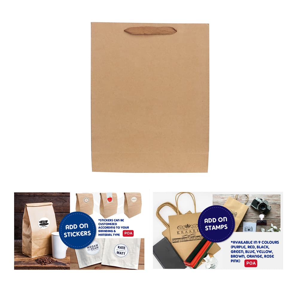 A medium vertical brown paper bag with a fabric flat handle and various accessory options displayed below.