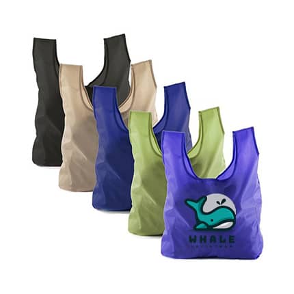 A collection of foldaway shopping tote bags in black, beige, green, and purple, featuring a logo on the purple bag.