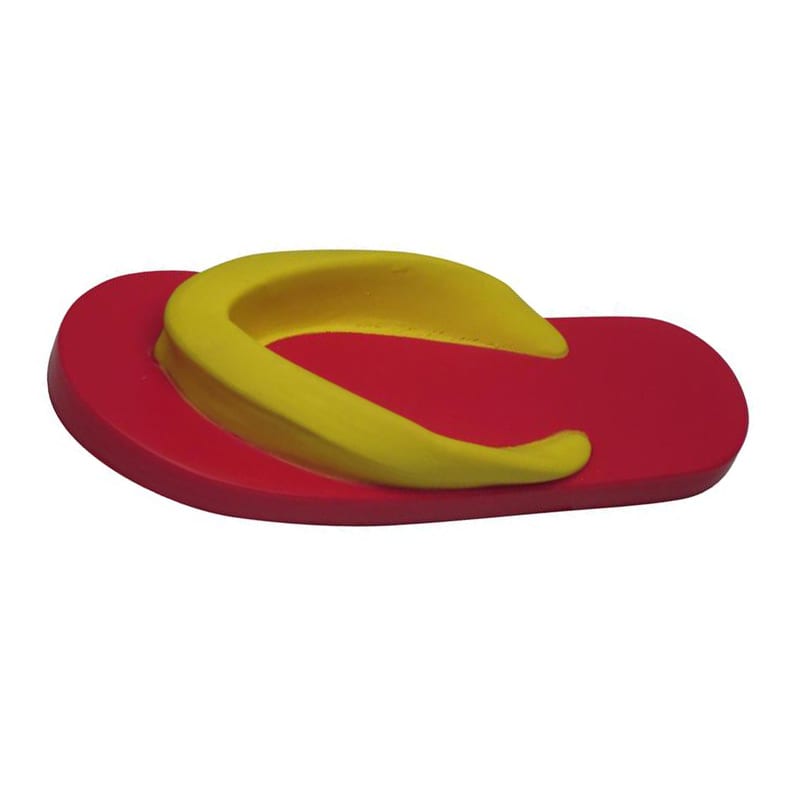 A red and yellow flip-flop shaped stress reliever, featuring a logo on the surface.