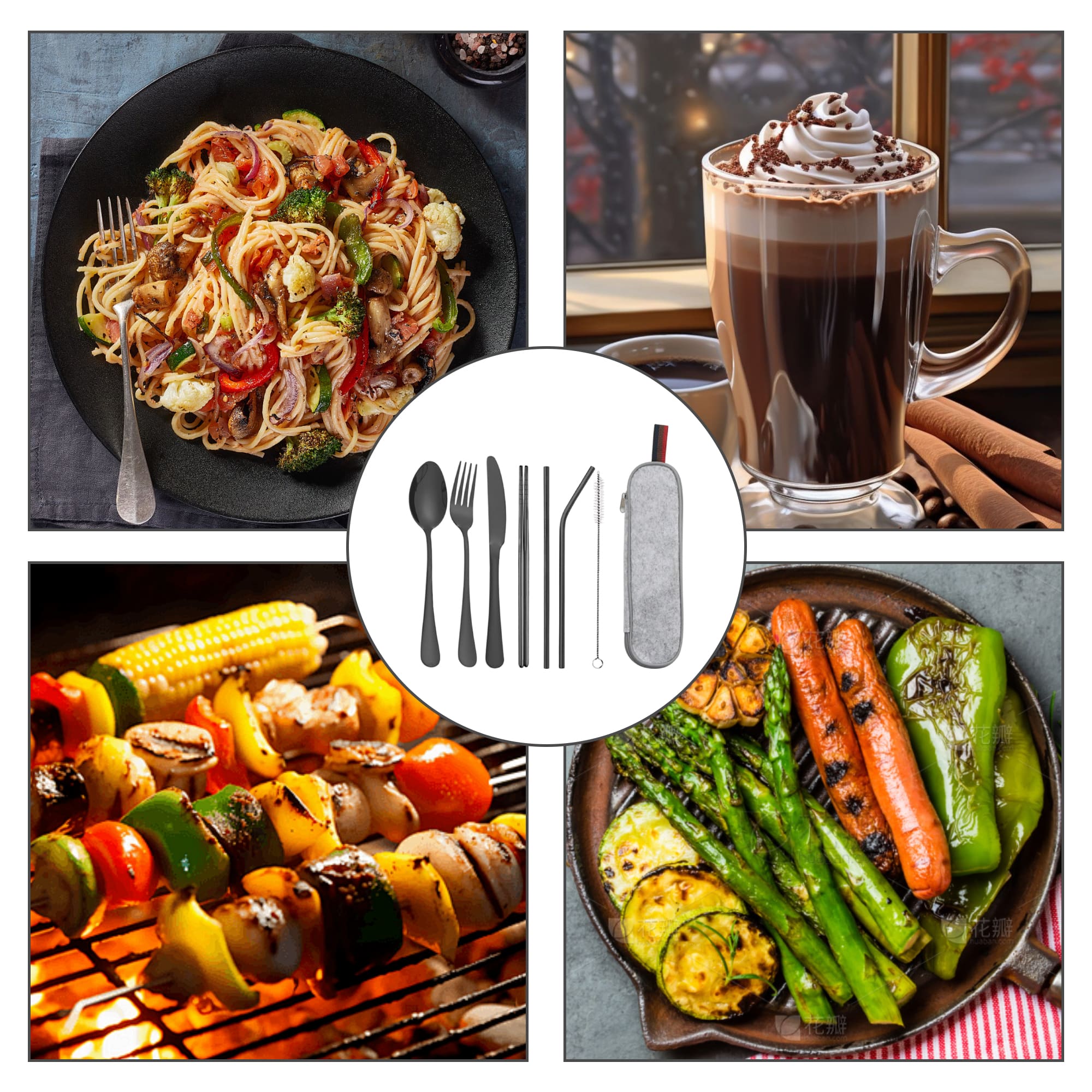 A stainless steel flatware set with seven pieces, displayed alongside various dishes, including pasta, drinks, skewers, and vegetables.
