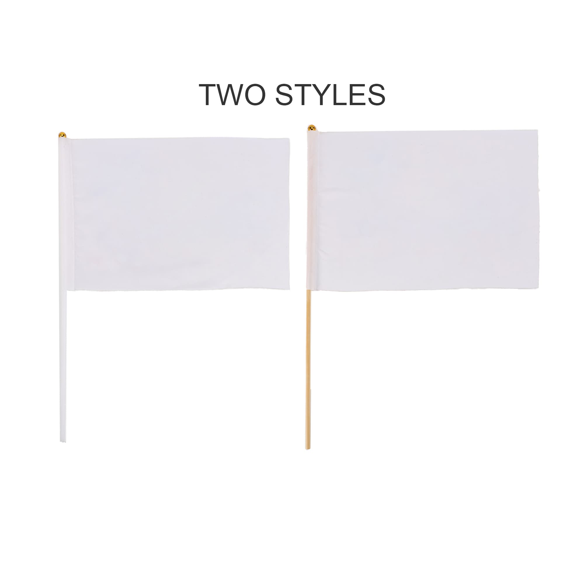 Two rectangular white cheering flags displayed on sticks, featuring different styles and a gold finial on top of each stick.