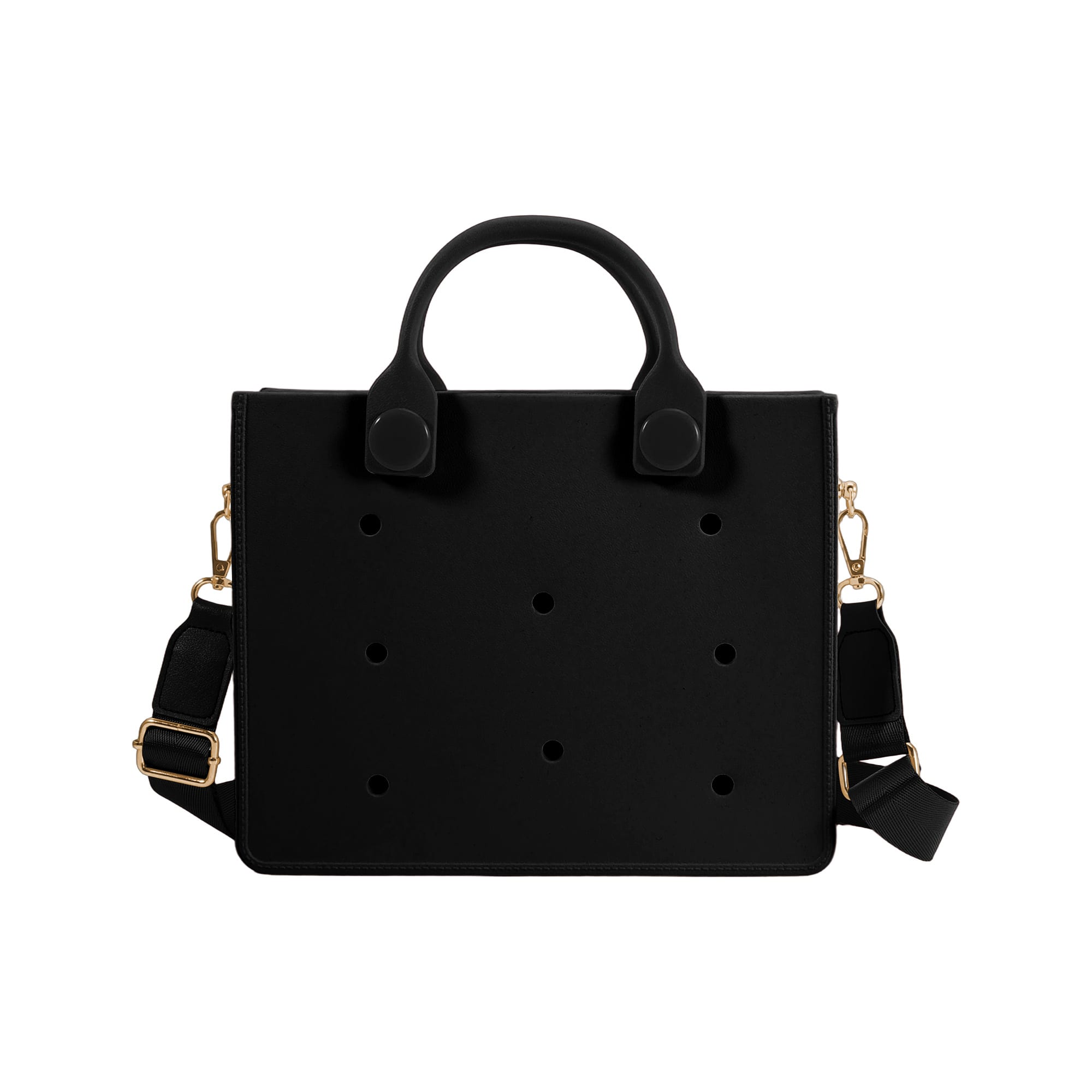A black EVA tote bag with a minimalist design and a logo. Features dual handles and a detachable shoulder strap.