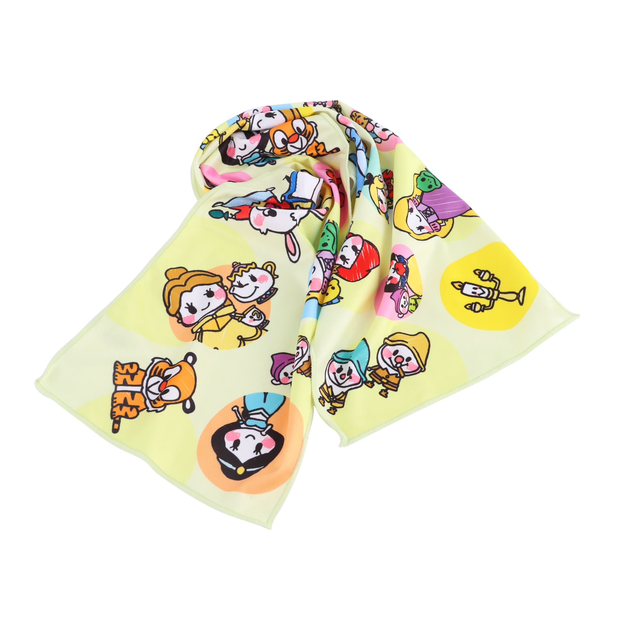 A cooling towel featuring a vibrant design with various cartoon characters on a light yellow background.
