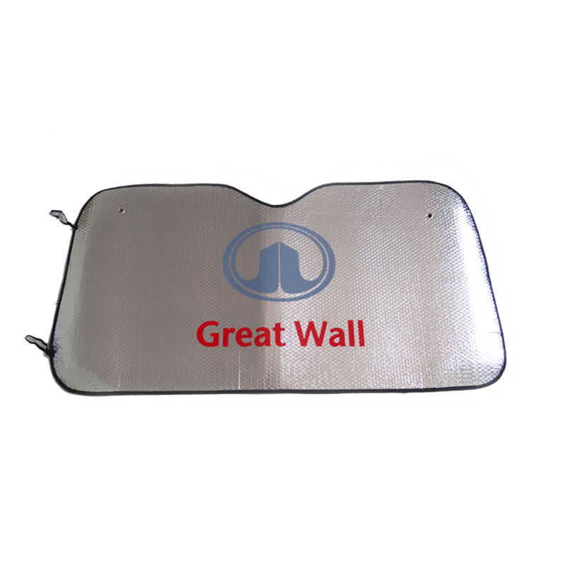 A silver bubble aluminium membrane car shade with a logo, designed for sun protection.