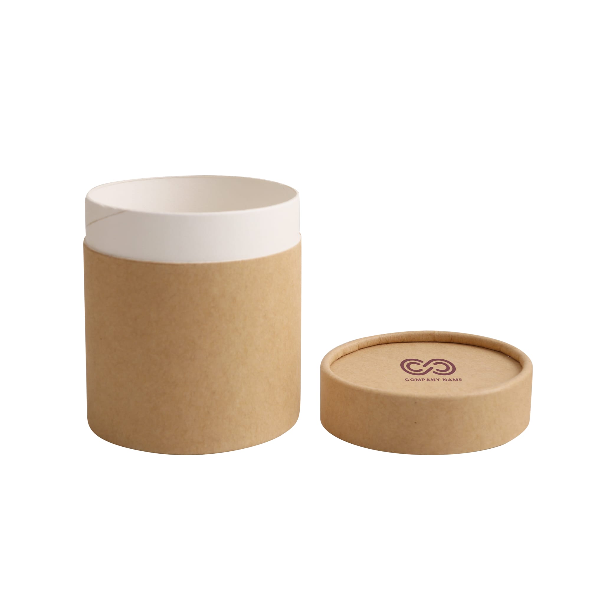A large brown paper cylinder box with a white interior and a matching lid. The lid features a logo.