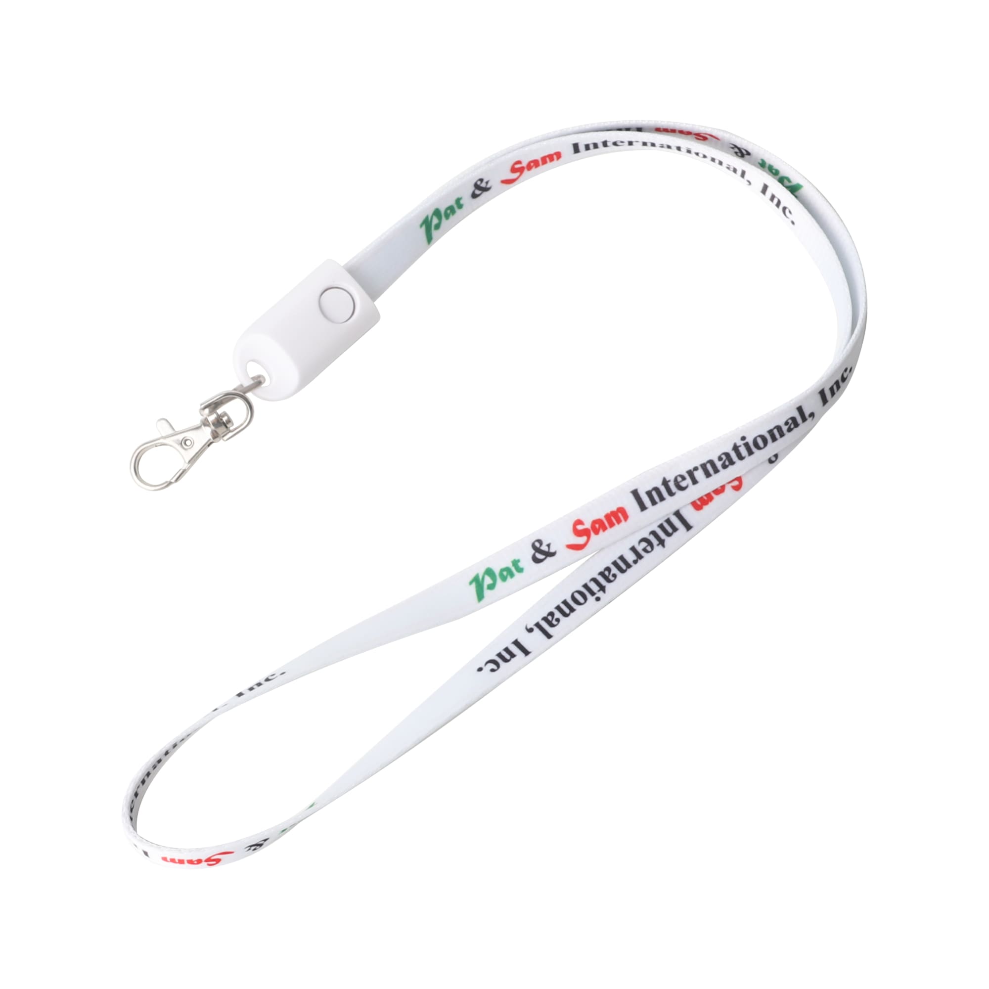 A white polyester lanyard with a clip and a branding logo in red and green colours.