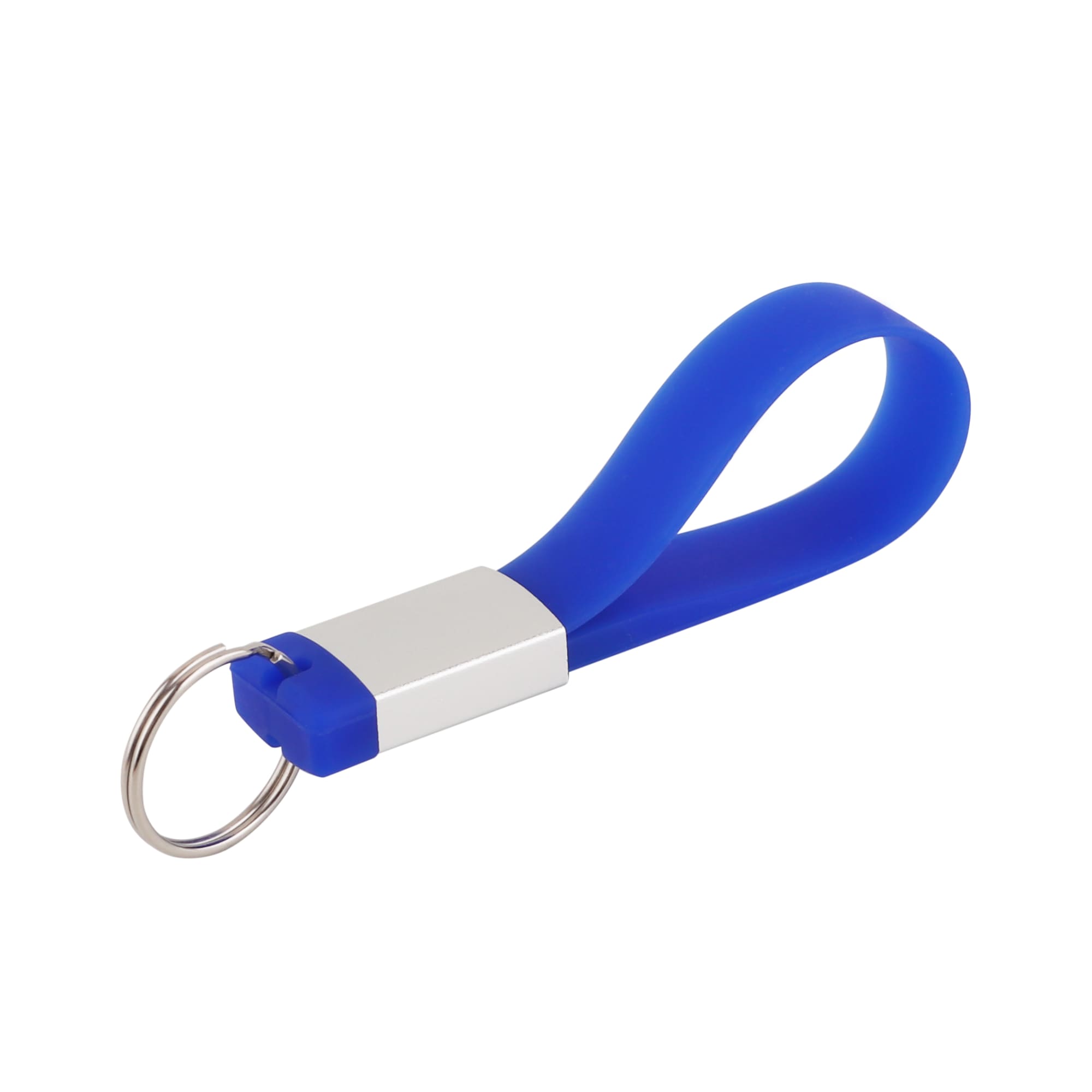 A blue silicone tag flash drive with a silver metallic accent and a keyring attachment.