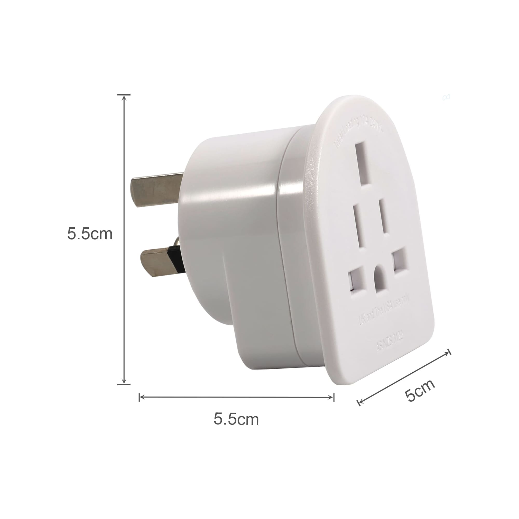 A white travel adapter with three prongs, designed for use in Australasia, featuring logo branding.