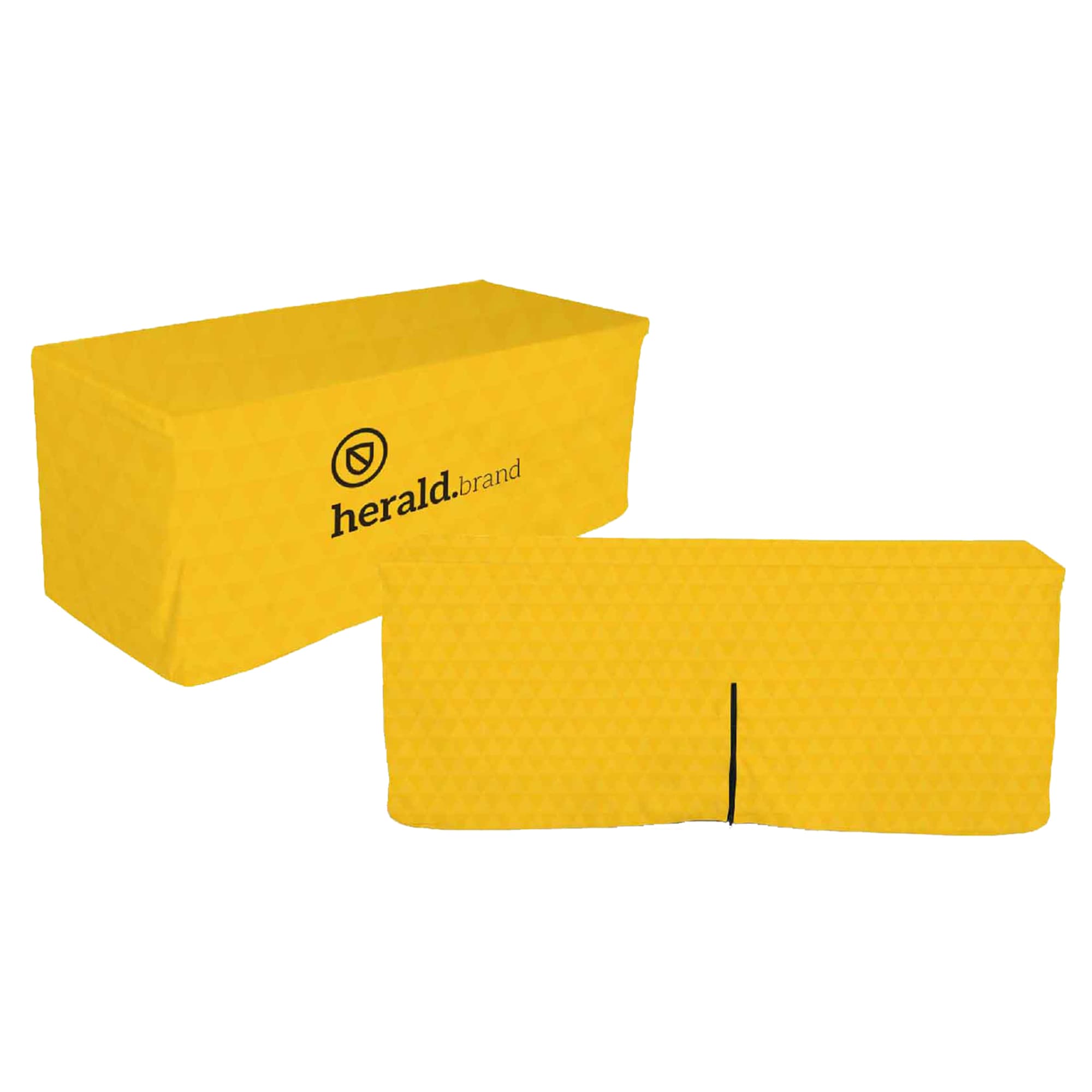 A bright yellow fitted tablecloth with a zipper back and a logo, designed for an 8ft table.