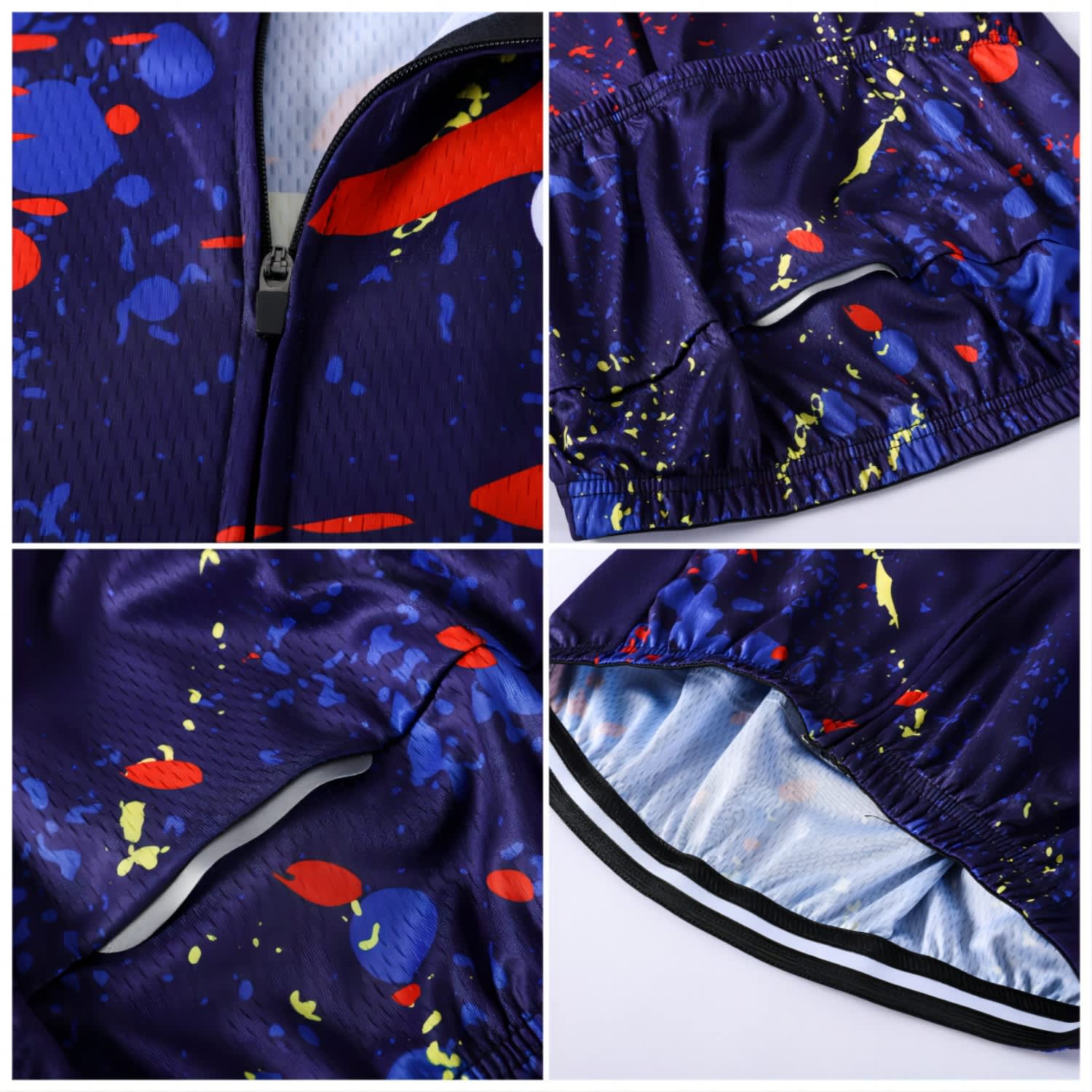 A sublimated long sleeve cycling jersey featuring a vibrant blue design with splashes of red and yellow. Includes a logo.