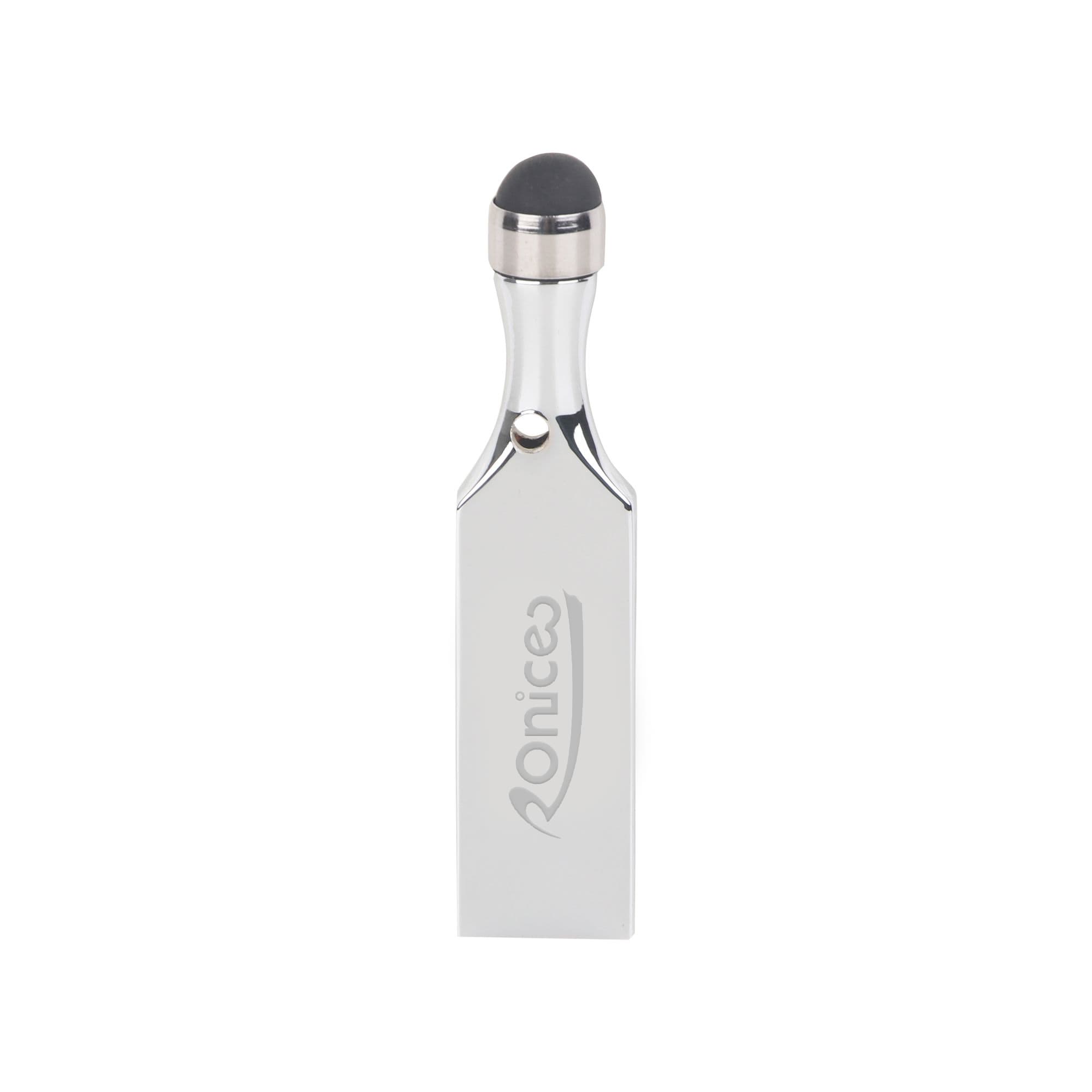 A silver touch pen USB flash drive with a sleek design and a rounded tip, featuring a logo on its side.
