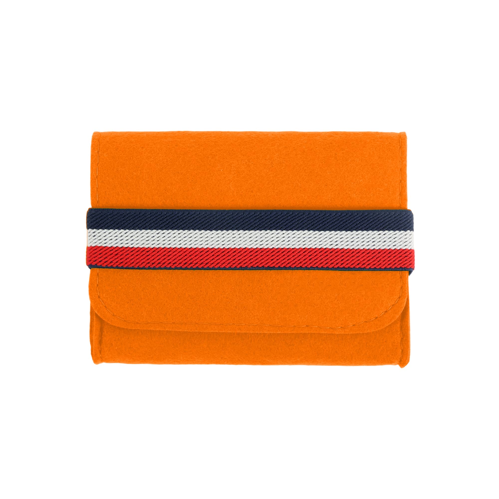An orange felt travel organiser with a striped elastic band in navy, white, and red. It features a clasp closure.