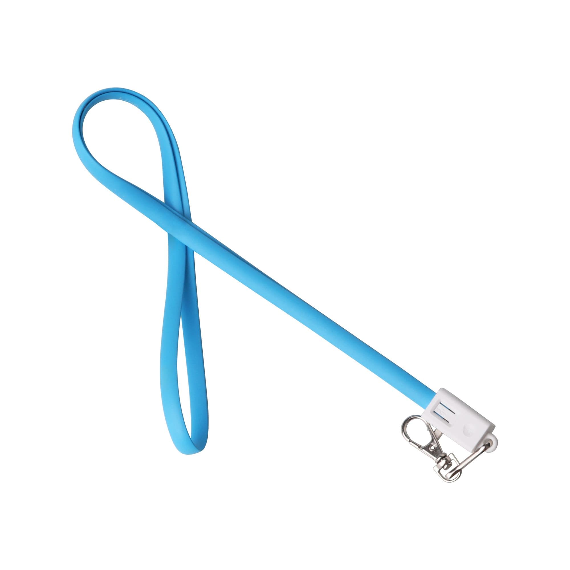 A blue TPE lanyard charging cable with a clip attachment and a smooth, flexible design.