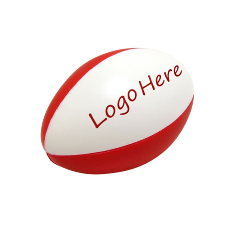 A red and white stress ball in the shape of a rugby ball, featuring a logo on one side.