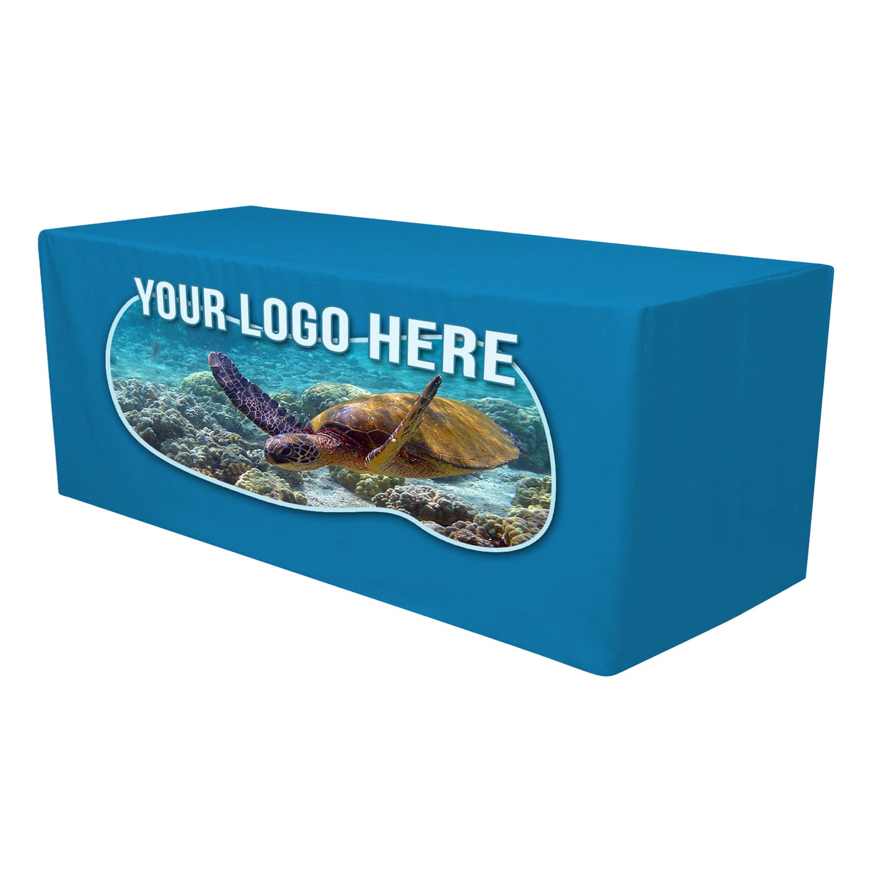 A blue, fitted table cloth with a design featuring a turtle and a placeholder for a logo.