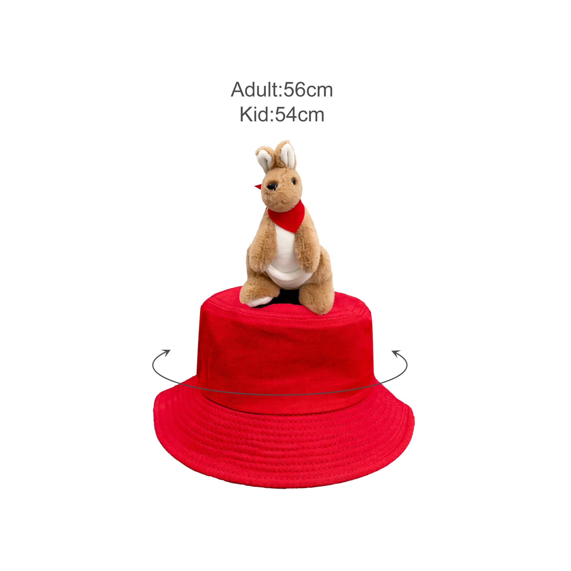 A red decorated bucket hat featuring a plush kangaroo toy sitting on top. The hat has a logo.