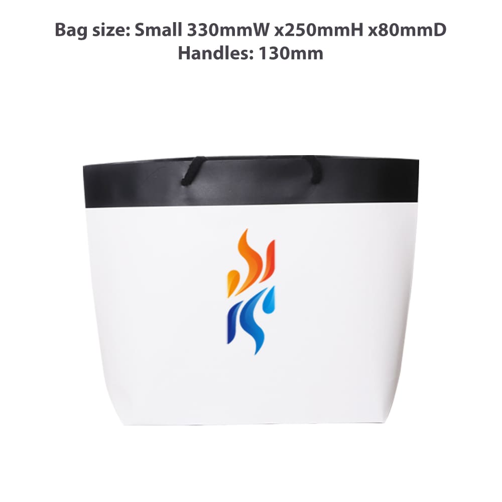 A small black and white boutique paper bag with a colourful logo, measuring 330mm wide, 250mm high, and 80mm deep.