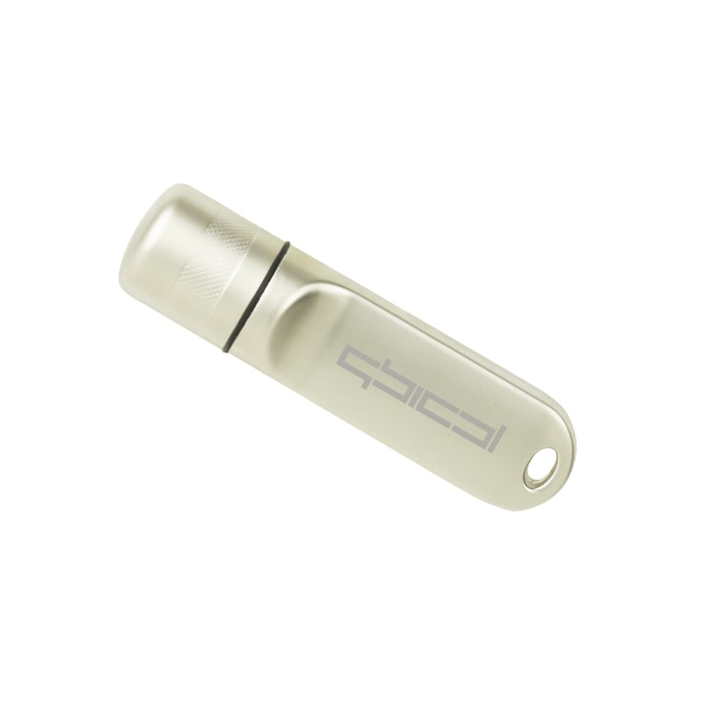 A light grey flash drive with a sleek design and a logo featured on its surface.