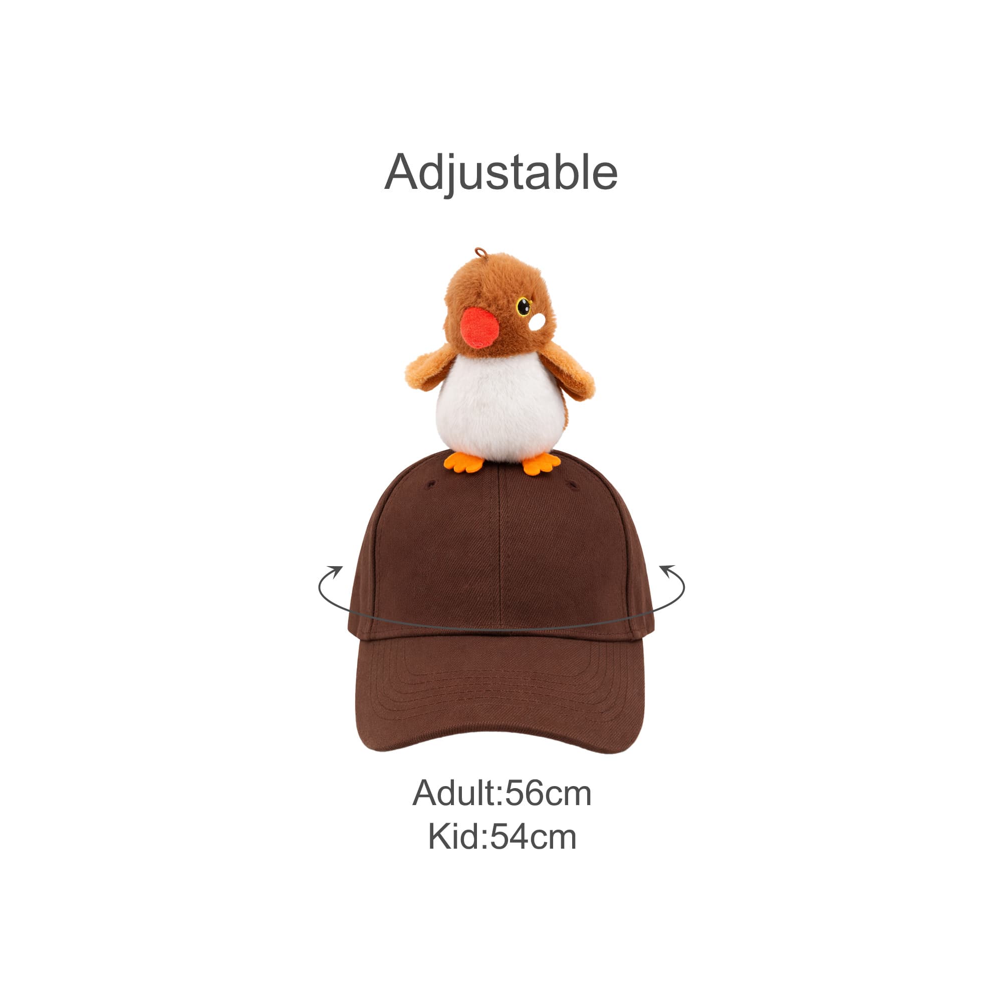 A brown adjustable baseball cap featuring a plush bird toy on top. Includes sizes for adults and kids.