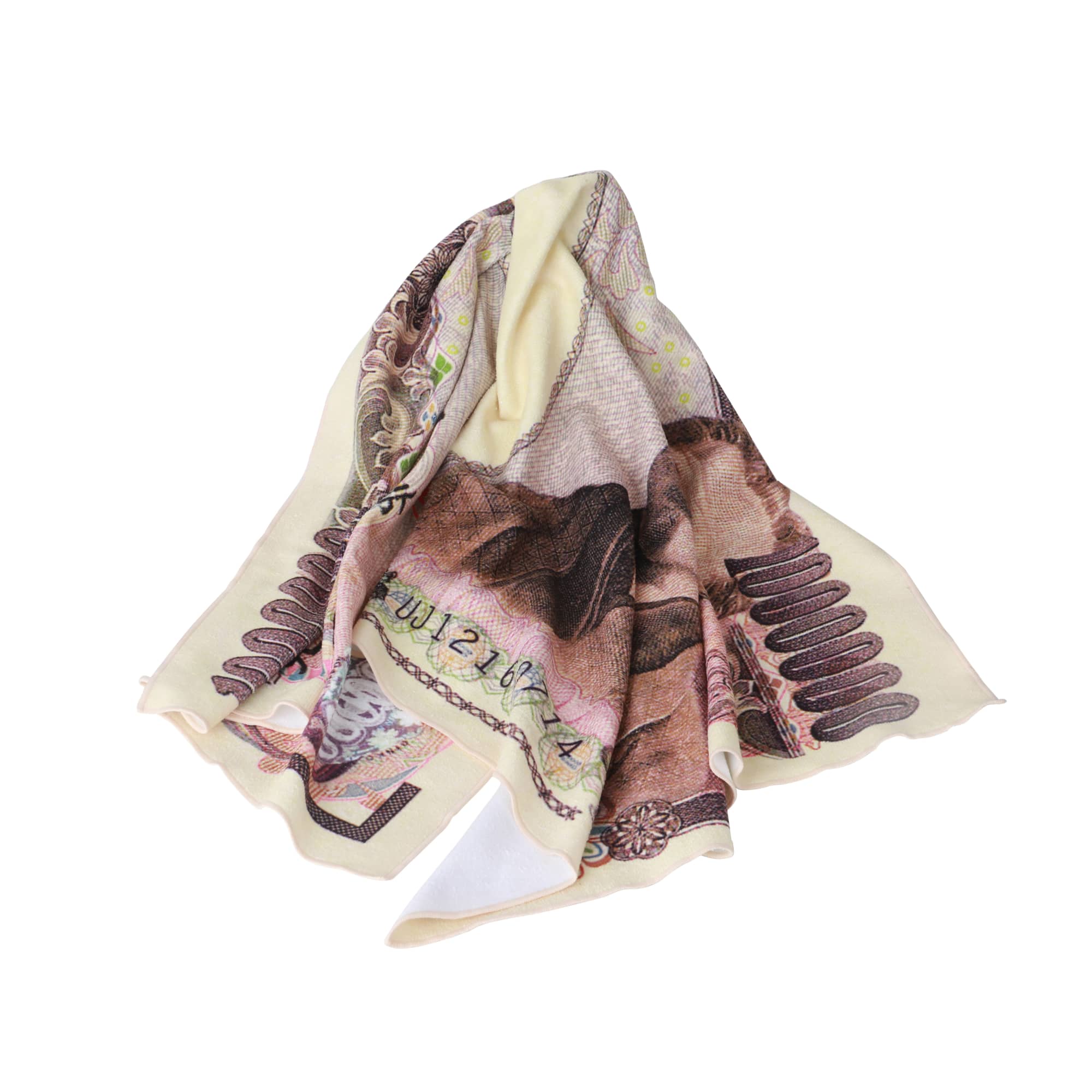 A beach towel featuring a colourful design with shades of beige and brown, displaying a logo.