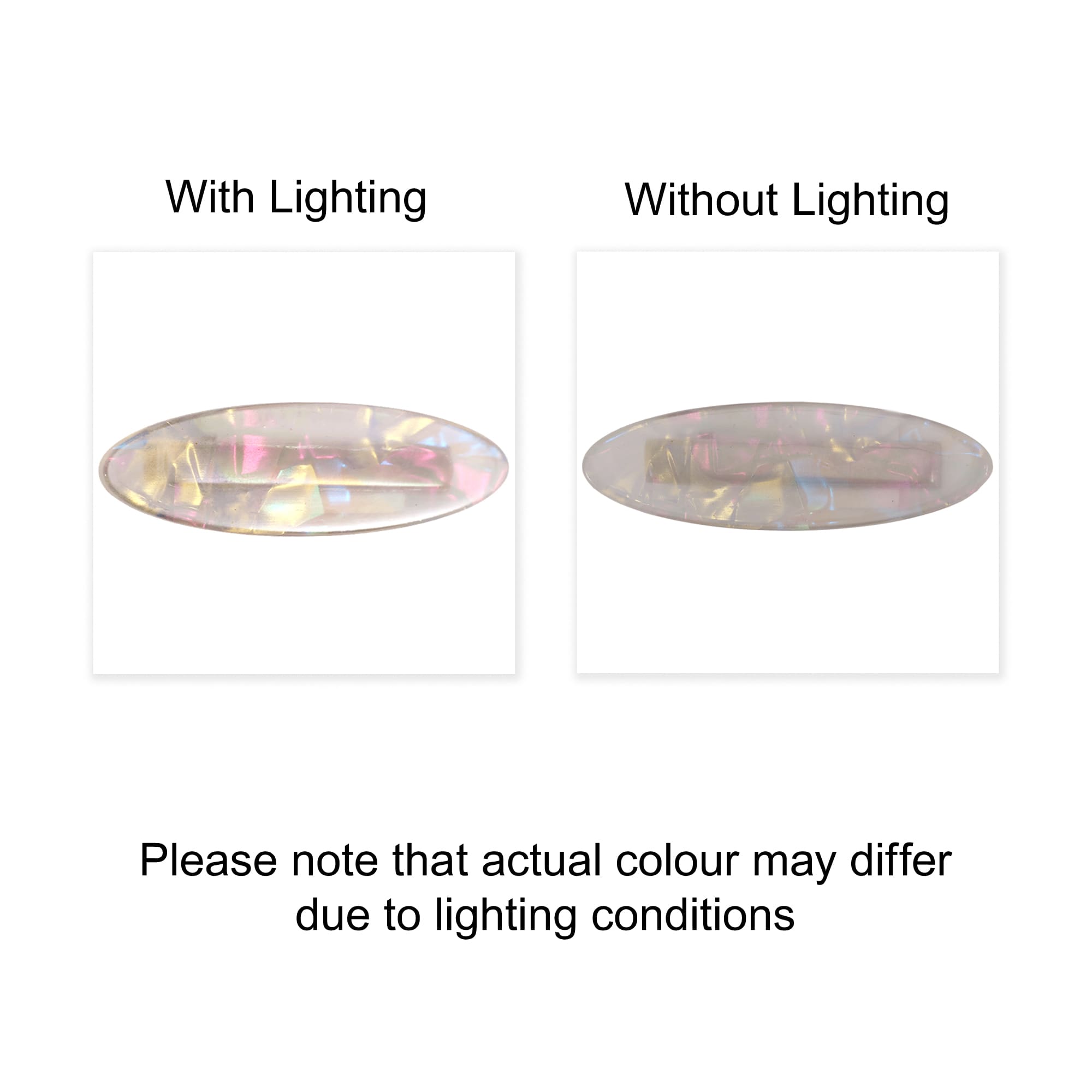 A wavy rectangle hair clip in iridescent tones, displayed with and without lighting effects. Features a logo.