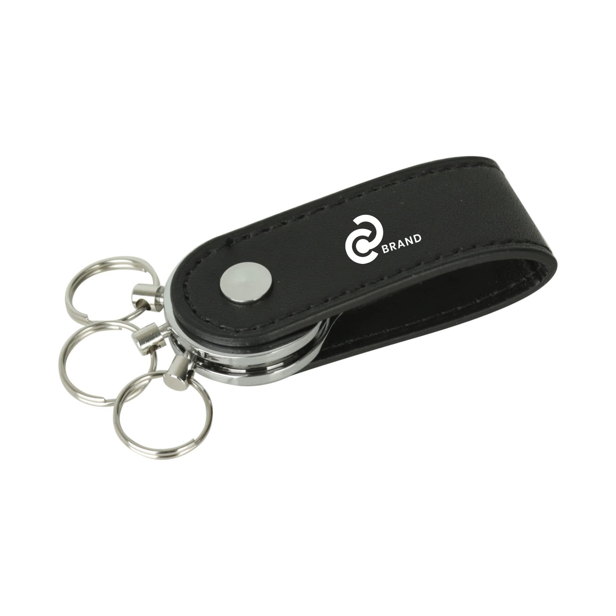 A black PU leather swivel drive with three keyring attachments and a branded logo.