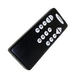 A black remote control-shaped stress reliever with white buttons and a logo.