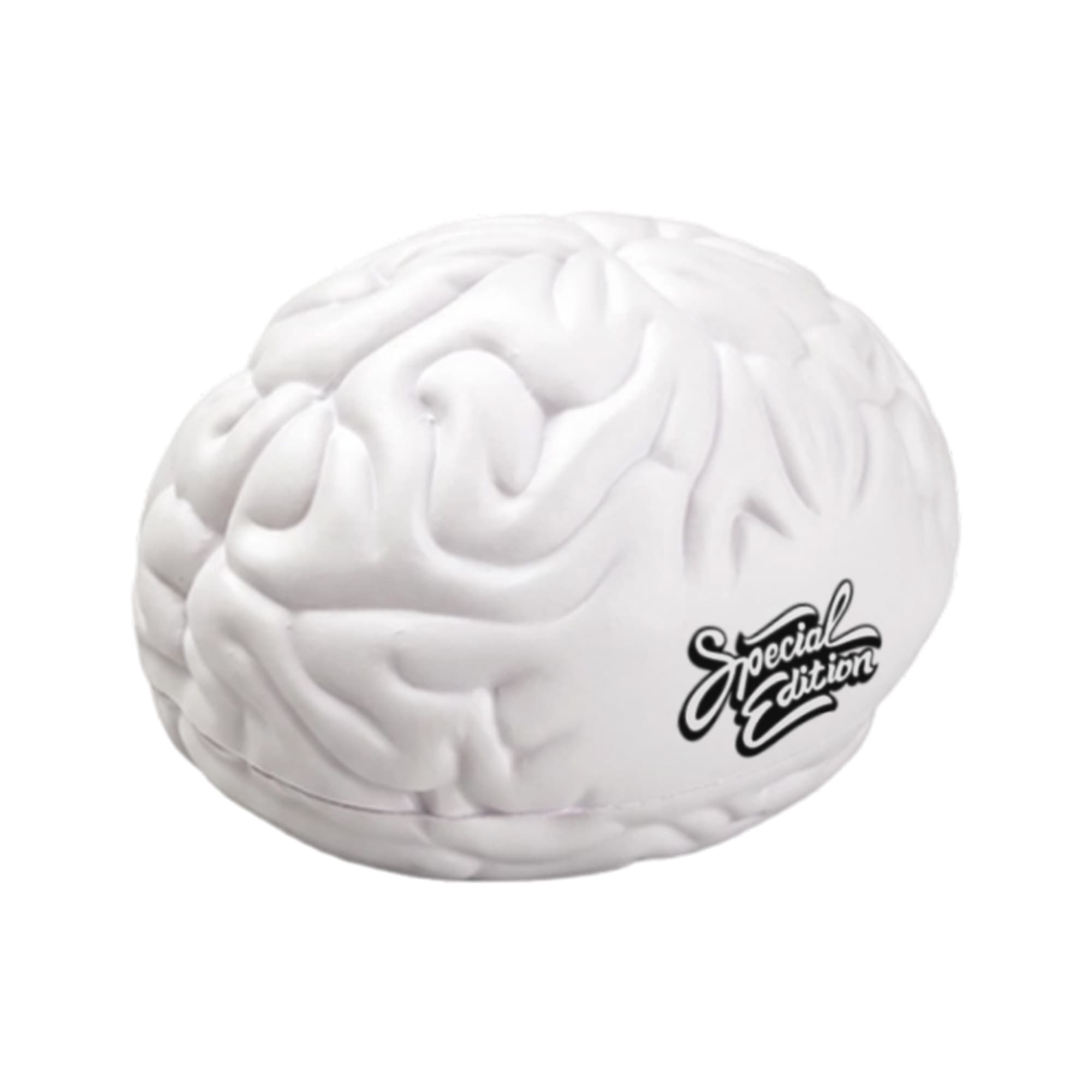 A white brain-shaped stress reliever with a textured surface and a logo on the side.