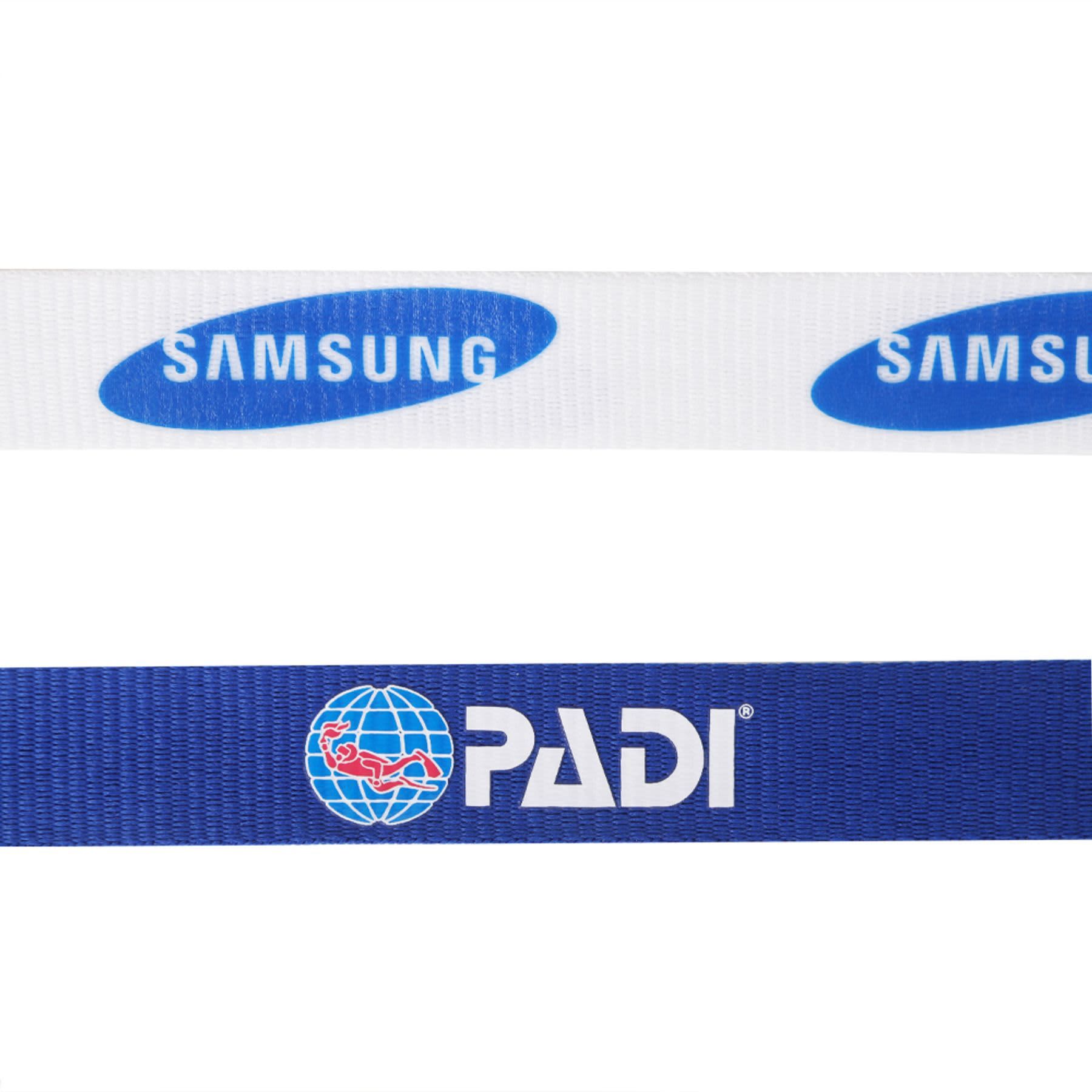 A blue RPET ribbed lanyard featuring a logo, alongside a white lanyard with a different logo.