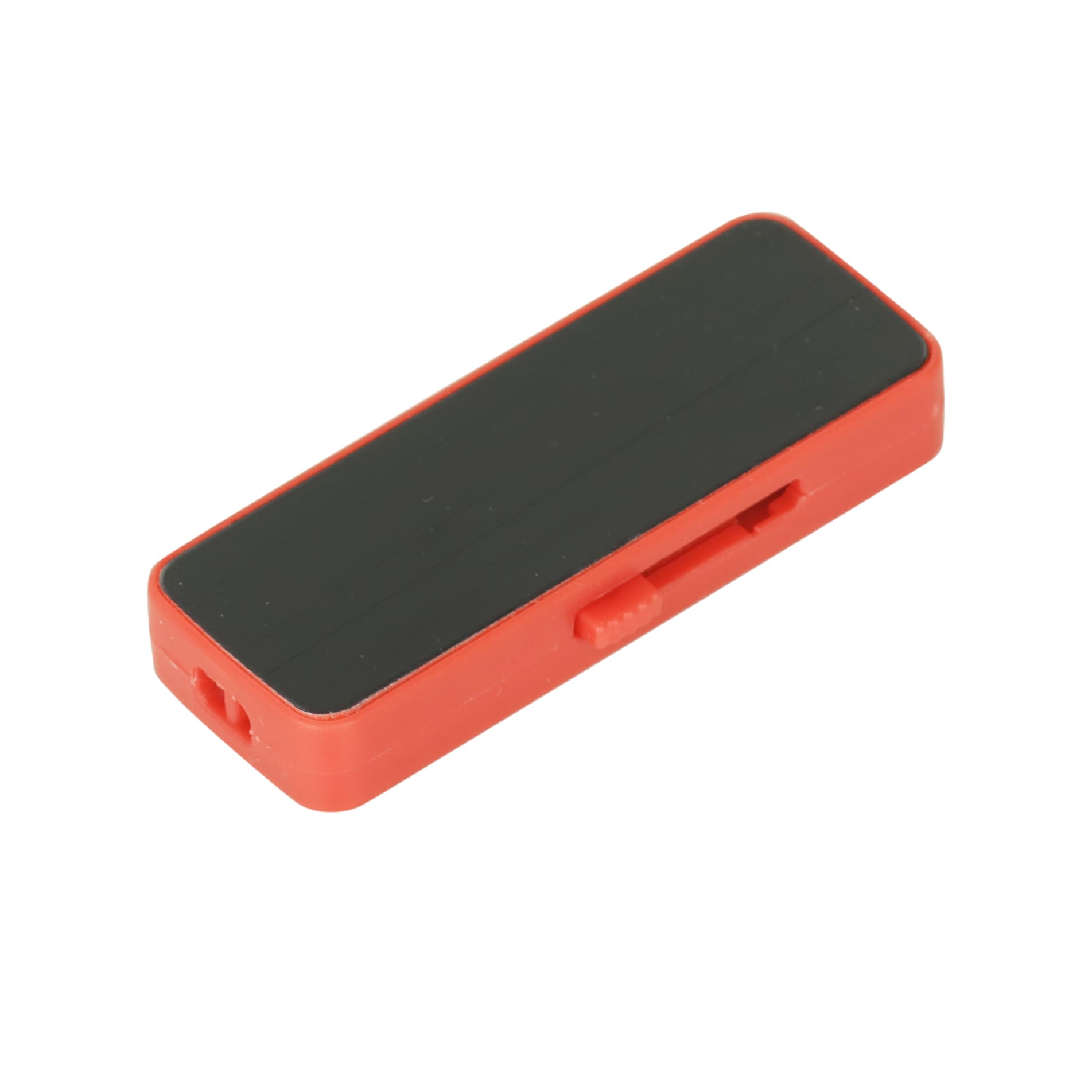 A sliding flash drive with a red casing and a black sleek surface, featuring a branding logo on one side.