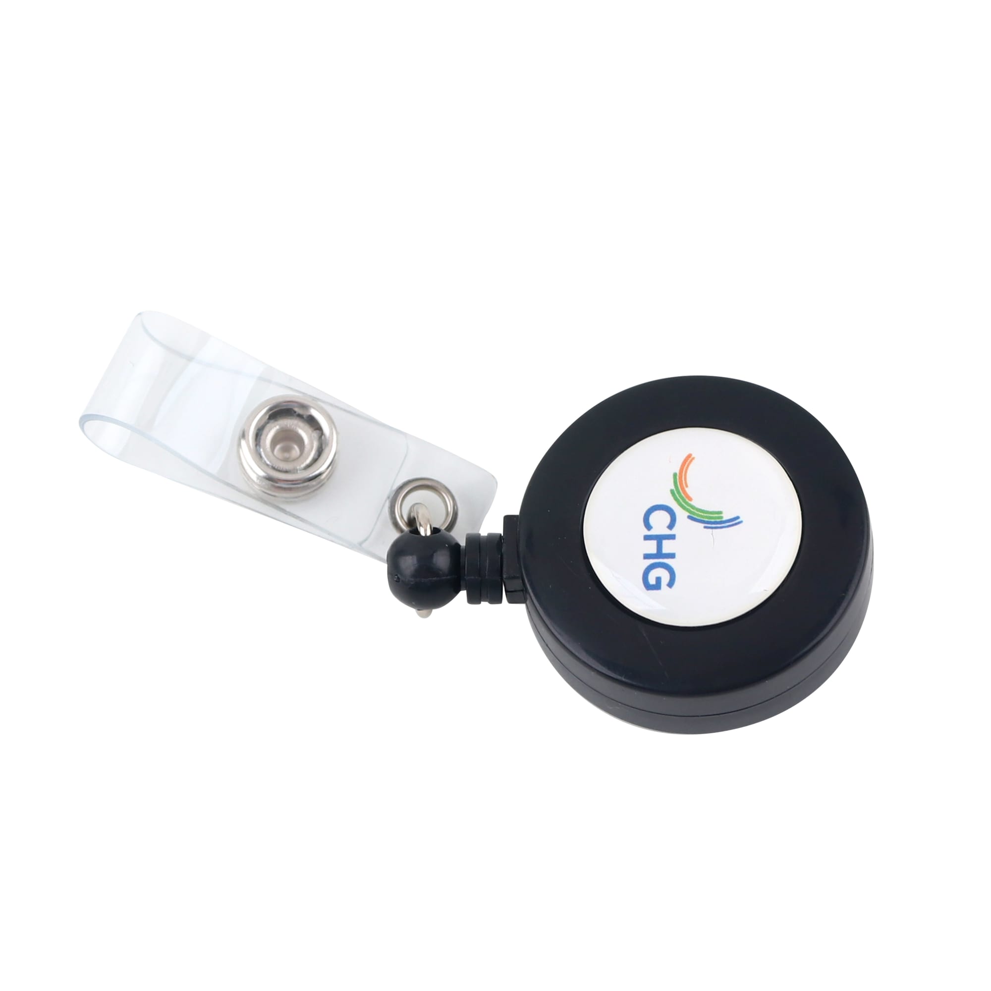 A round black retractable card holder with a clear strap and a logo on the front.