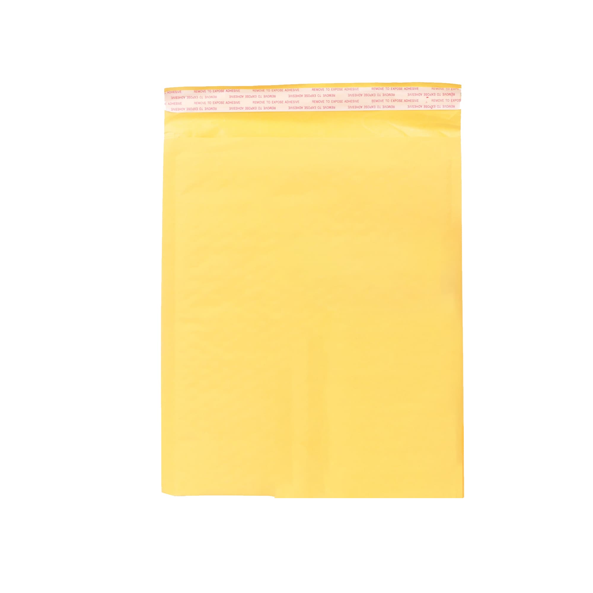 A medium yellow padded bubble envelope with a sealing strip at the top. It features a logo.