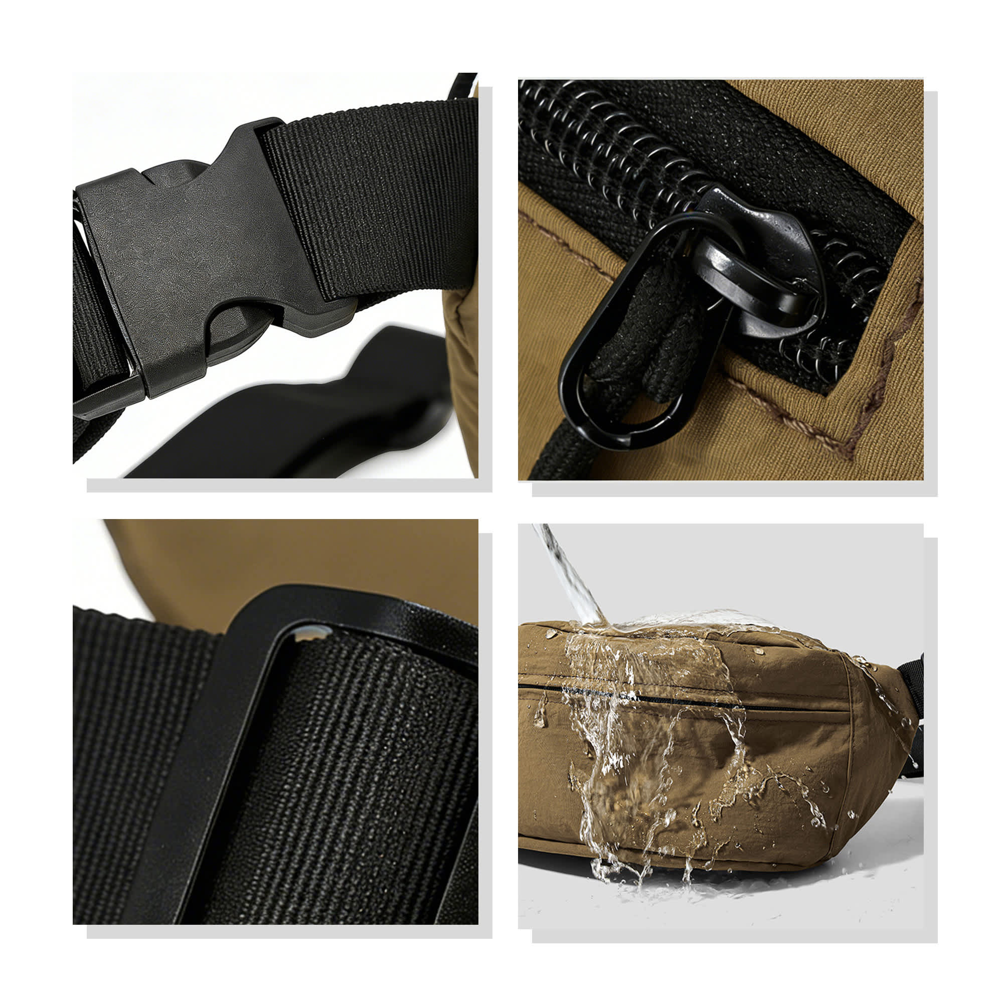 A tan large bum bag with black straps, featuring a buckle, zip, and water-resistant material.