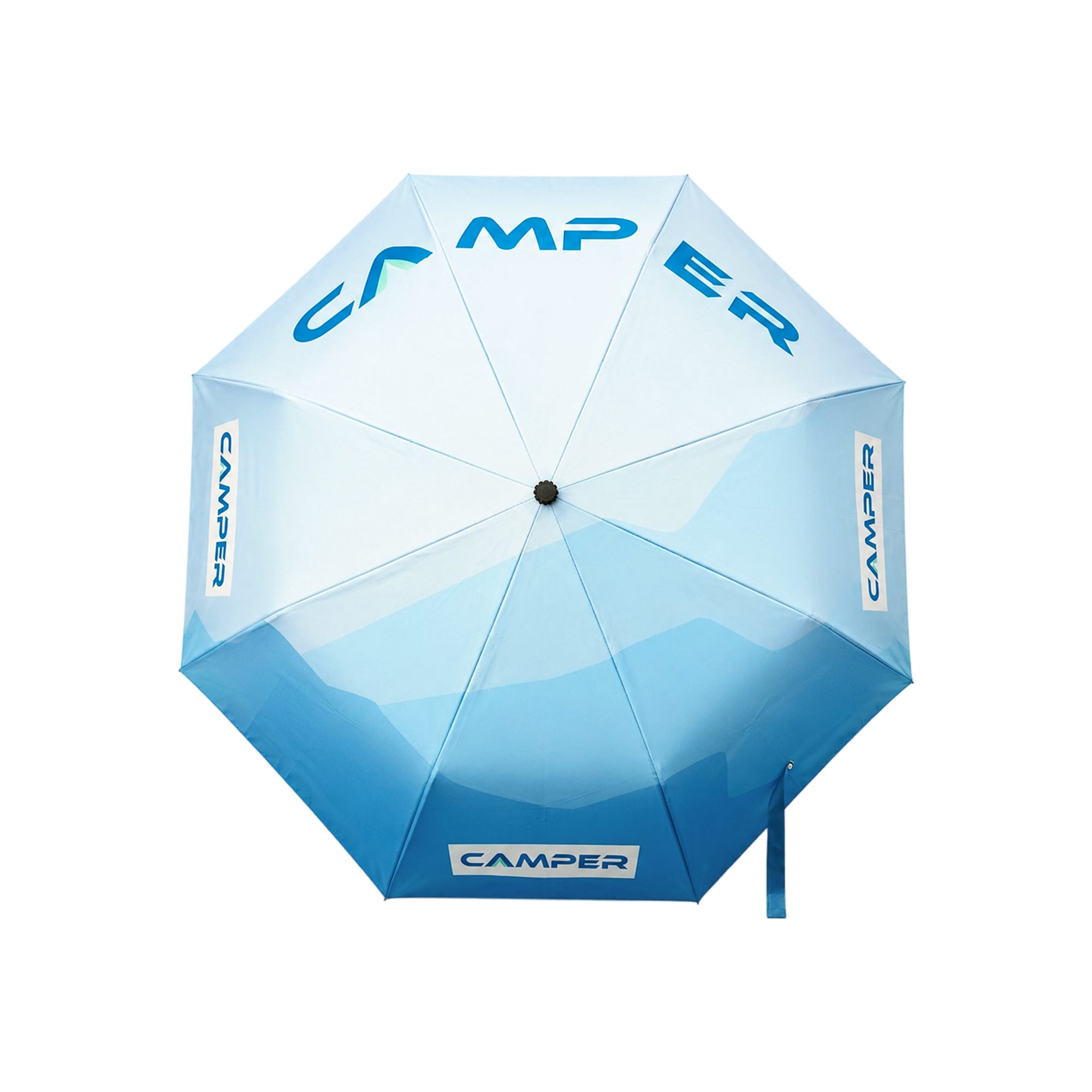 An anti-rebound folding umbrella in shades of blue with a logo and a curved design.