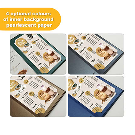Custom menus displayed in four optional colours of inner background: green, brown, blue, and white. Each features a logo.