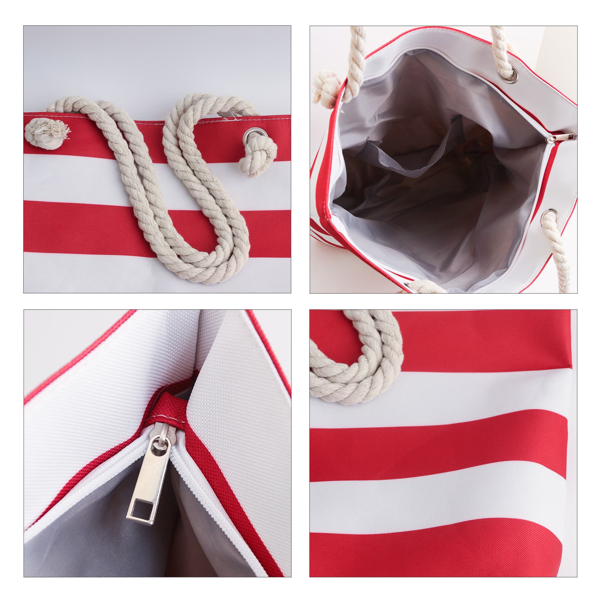 A red and white striped tote bag featuring a rope handle and a spacious interior with a zip closure.