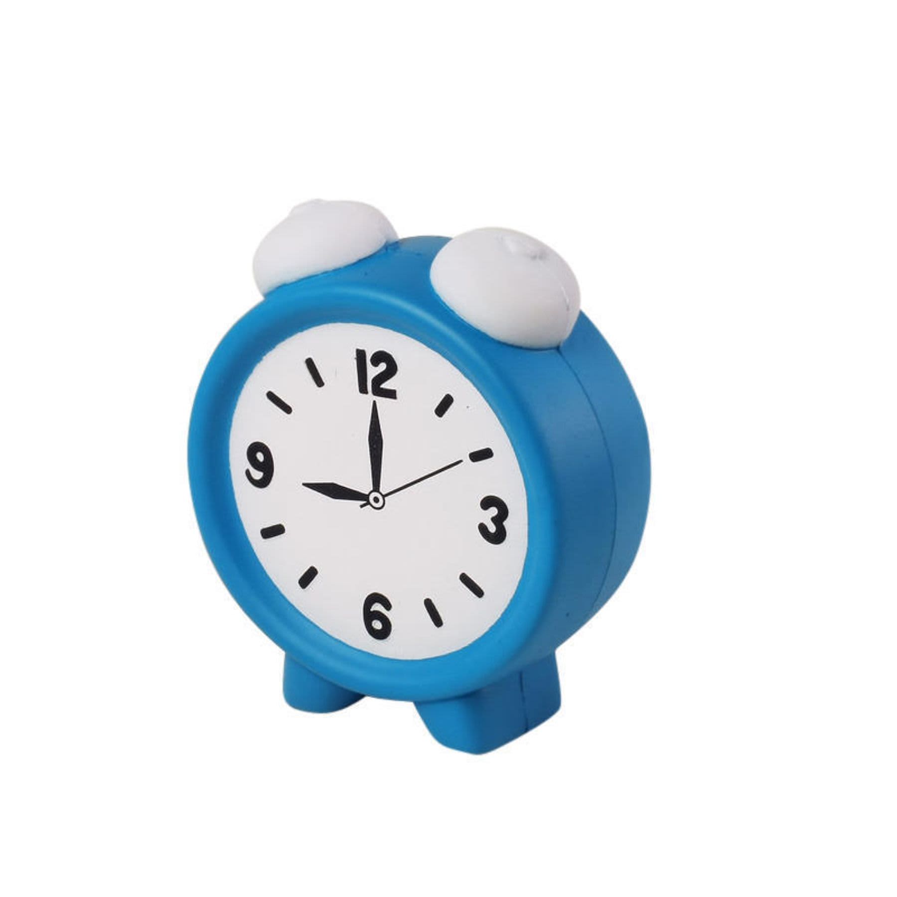 A blue alarm clock-shaped stress reliever with white knobs, featuring a simple clock face design.