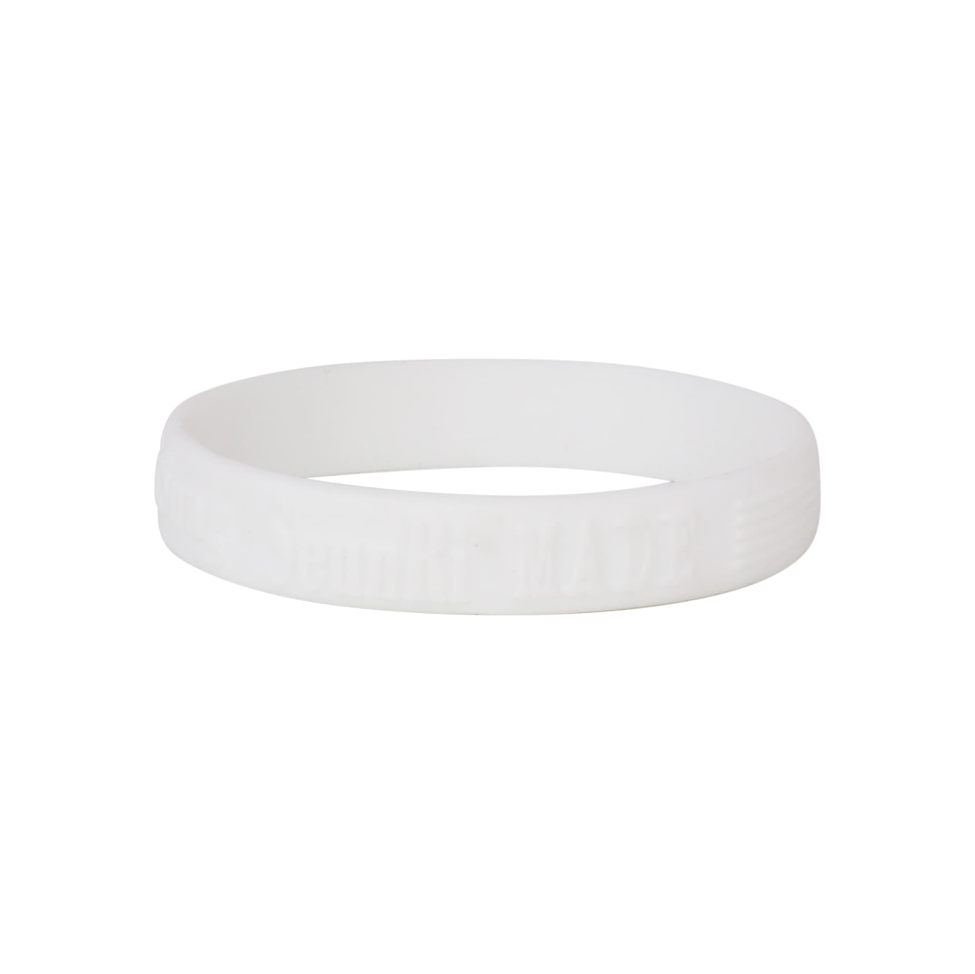An embossed white silicone wristband with a logo, featuring a smooth surface and a circular form.