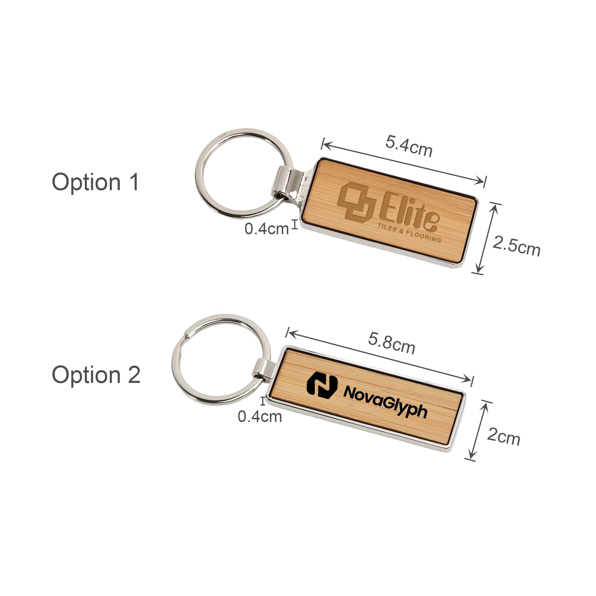 A wooden keyring with a rectangle design, featuring two branding options and a silver metal keyring.
