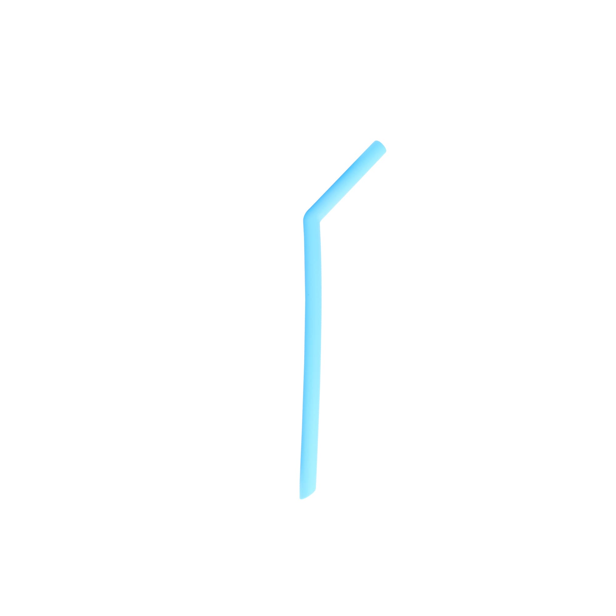 A reusable silicone straw in a light blue colour. The straw features a flexible design and has a logo.