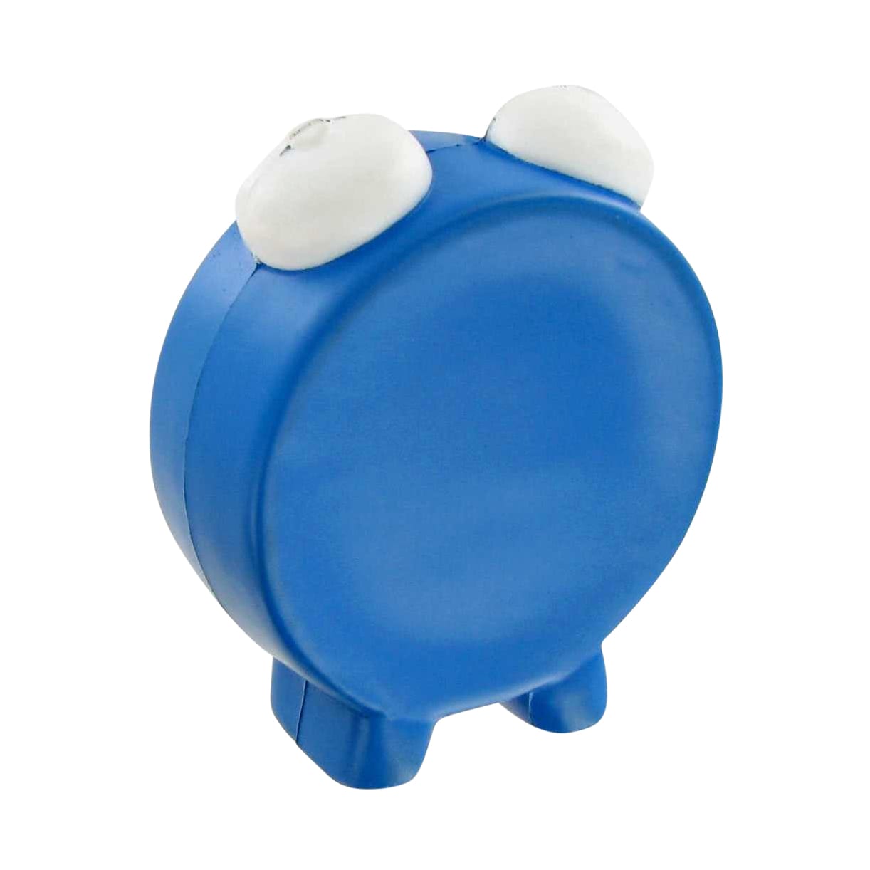 A blue alarm clock-shaped stress reliever with white ears and a flat back. It stands on small legs.