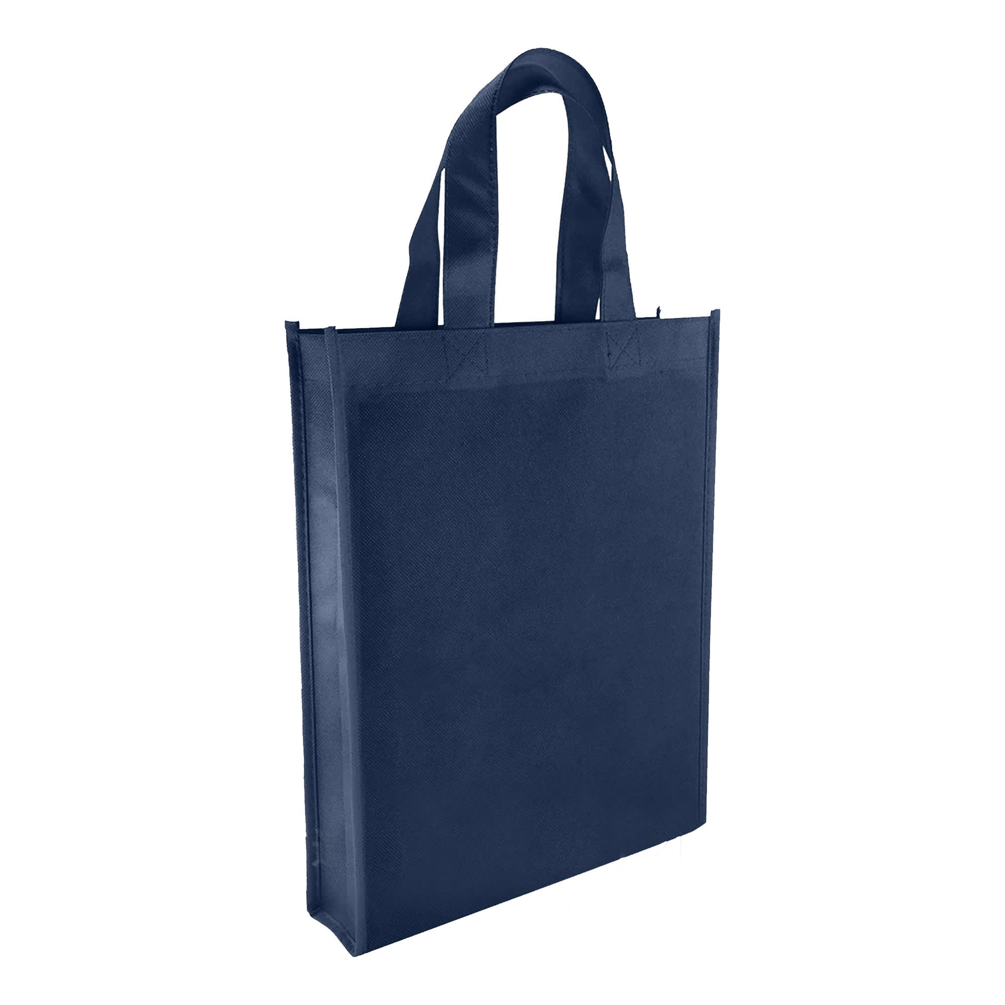 A navy non-woven trade show bag with two handles and a simple design. It has a branding logo on the front.